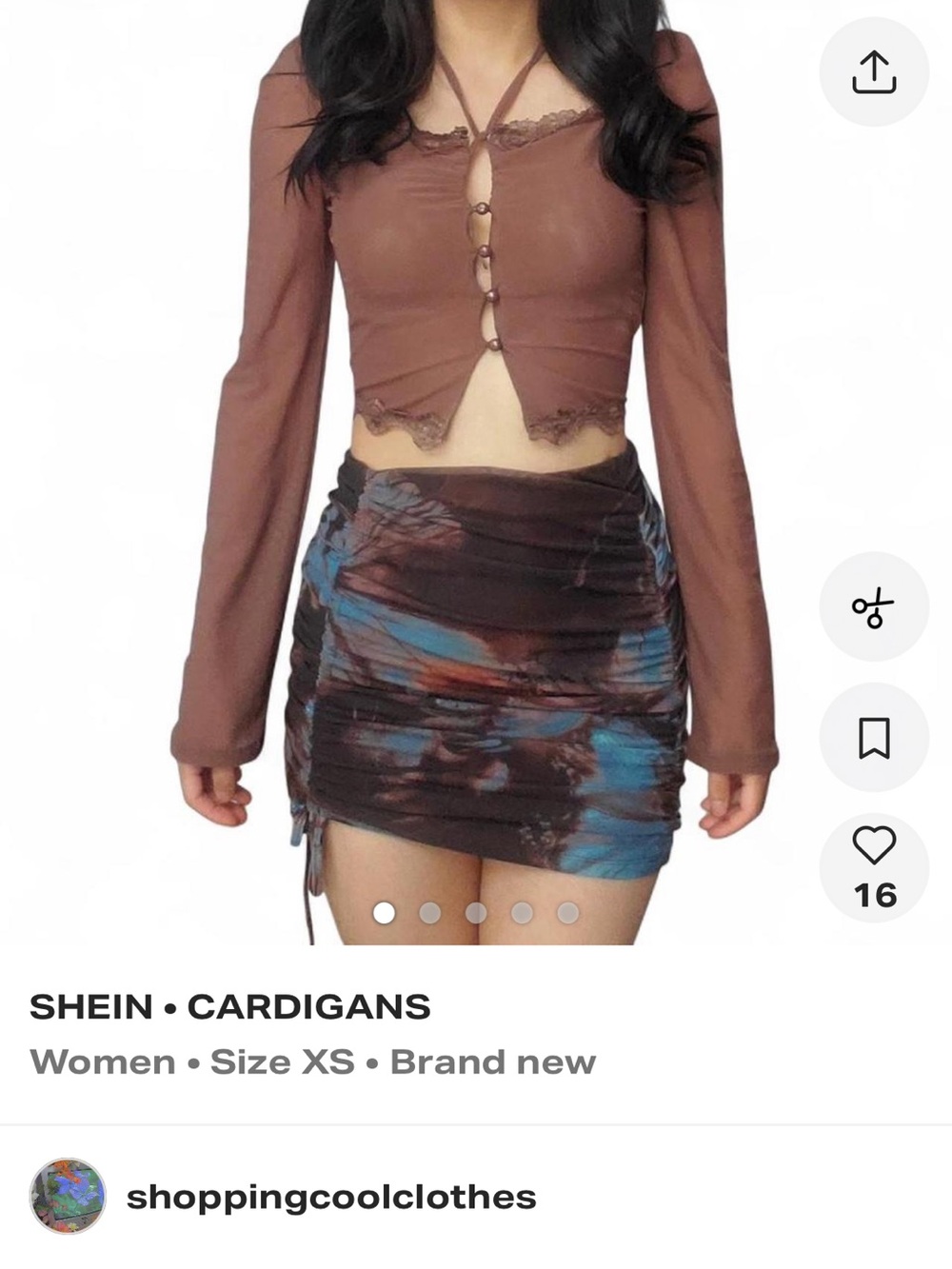SHEIN Brown Mesh Lace Trim Tie Neck Button Up Cropped Long Sleeve Top